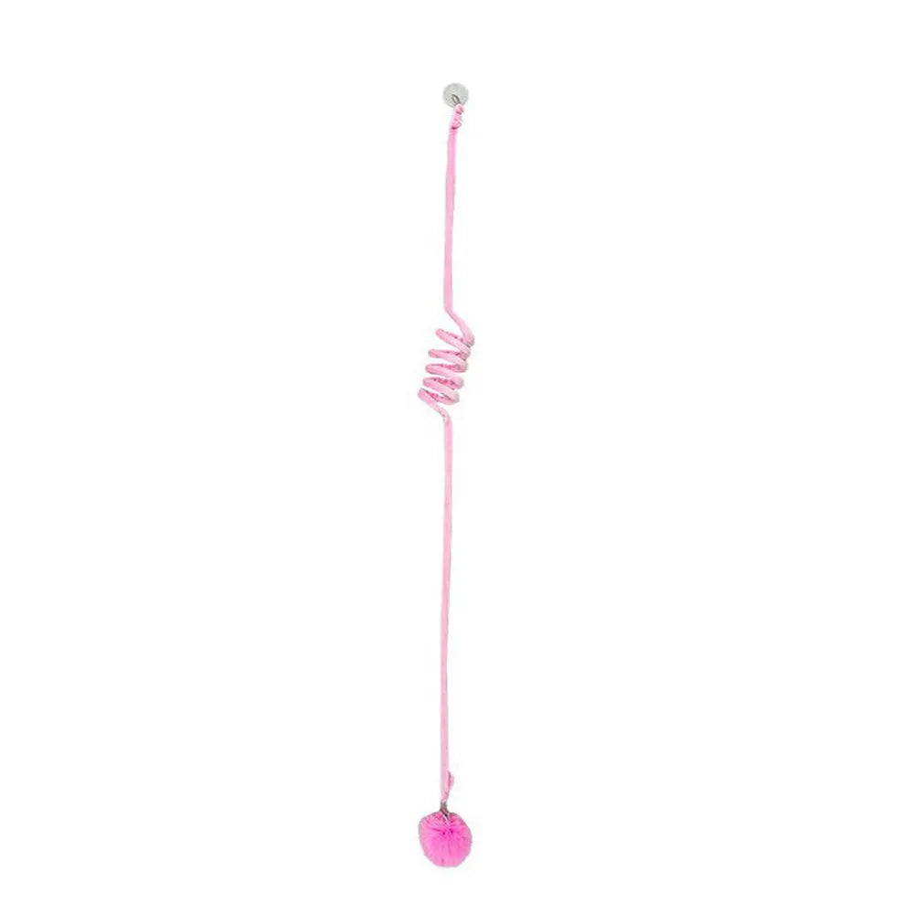Hanging cat toy with suction cup, spring-mounted bell stick, and inflatable ball in multiple colour options