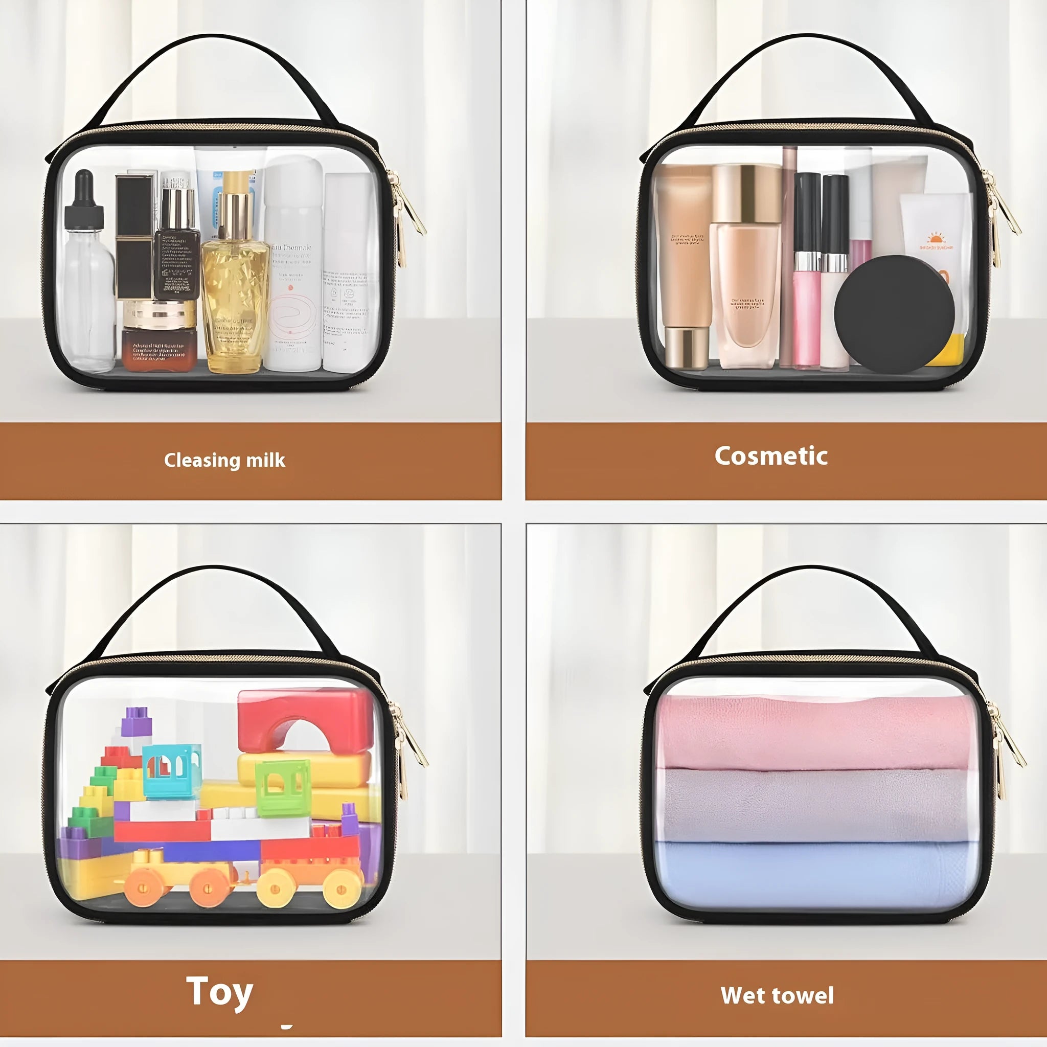 Transparent PVC cosmetic organiser bag with chain in multiple colours including leopard print for lipstick and brush storage.
