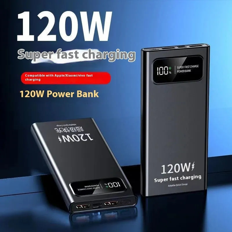 120W 20000 MA super fast charge power bank in cool black, slim plastic case with LED indicator