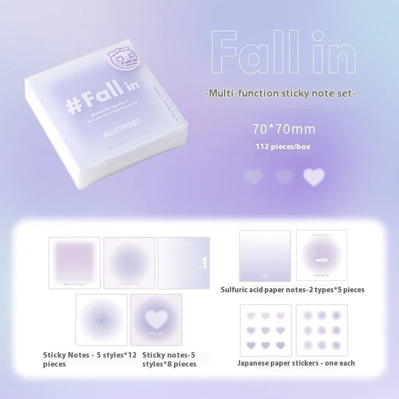 Square 70mm multifunctional notepad with blush, blue, green, and purple colour options showing sticky notes, note paper, and parchment sheets.