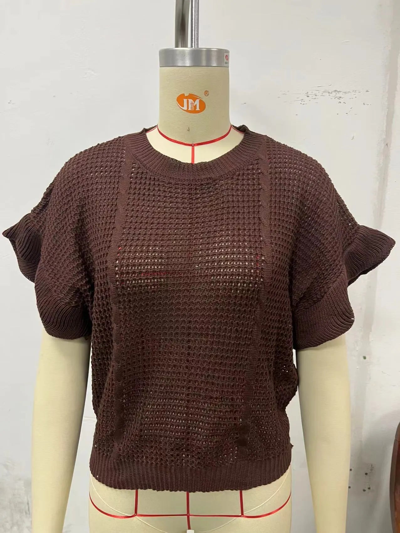 Loose fit knitted pullover sweater with ruffled short sleeves in Japanese Korean casual style