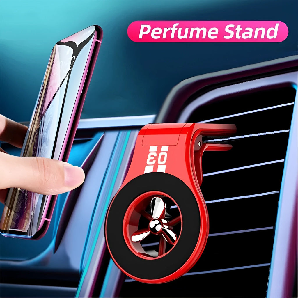 Black magnetic car air vent phone holder with adjustable rotation paddle showing phone mounting position