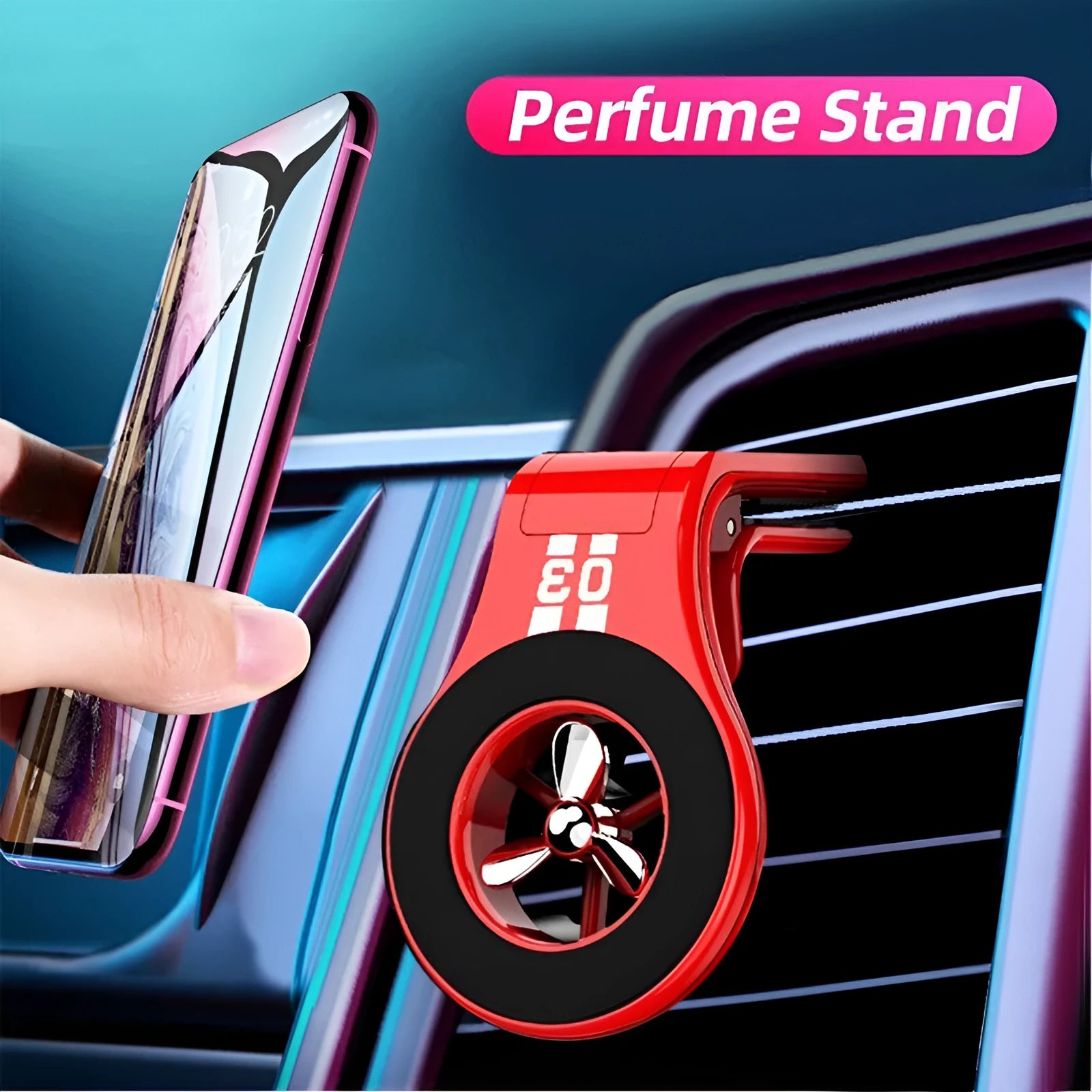 Black magnetic car air vent phone holder with adjustable rotation paddle showing phone mounting position