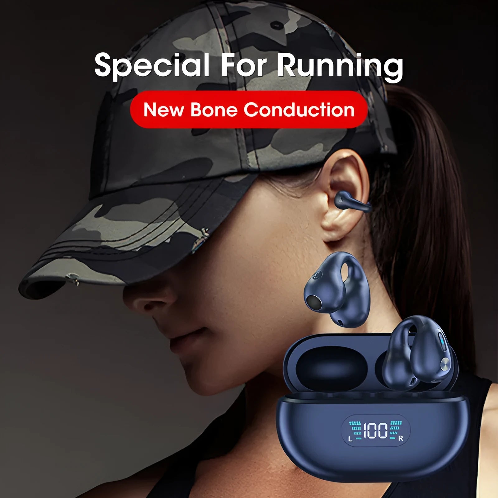 Black bone conduction Bluetooth headset clip showing ear clip design and charging cable