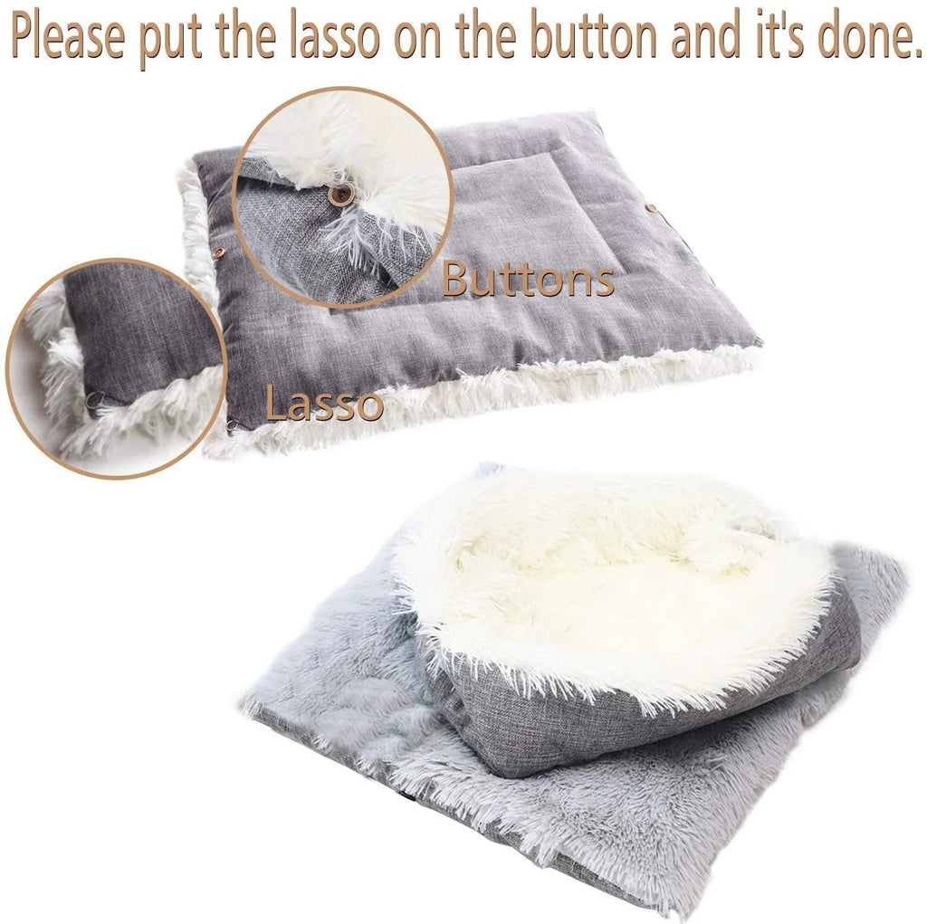 Grey or white pet blanket with long plush hair measuring 61cm by 51cm with non-slip black bottom