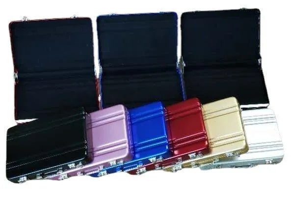 Aluminium alloy metal card holder in red, blue, black, silver, pink, or gold.