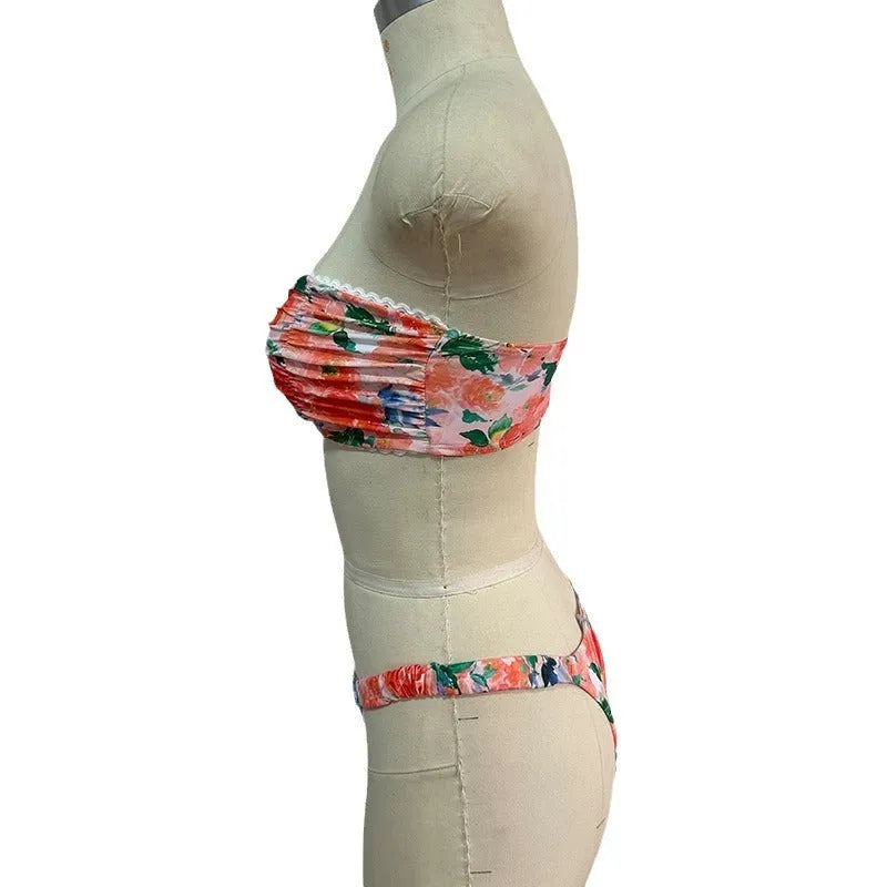 Women's tube top bikini swimsuit with lace detailing in floral print