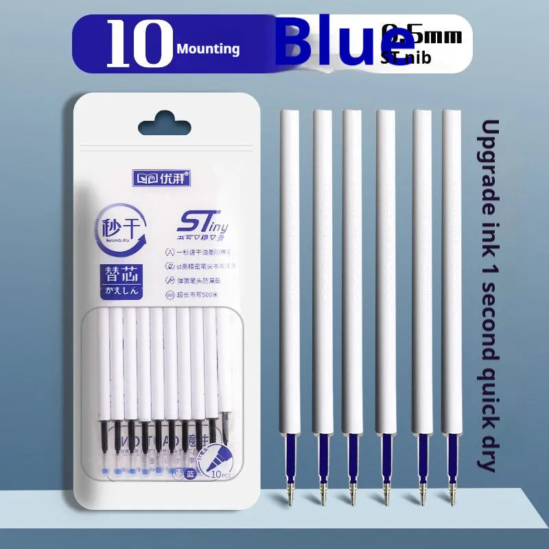 Pack of 10 quick-drying bullet gel pen refills in black, red, blue, and ink blue colours.