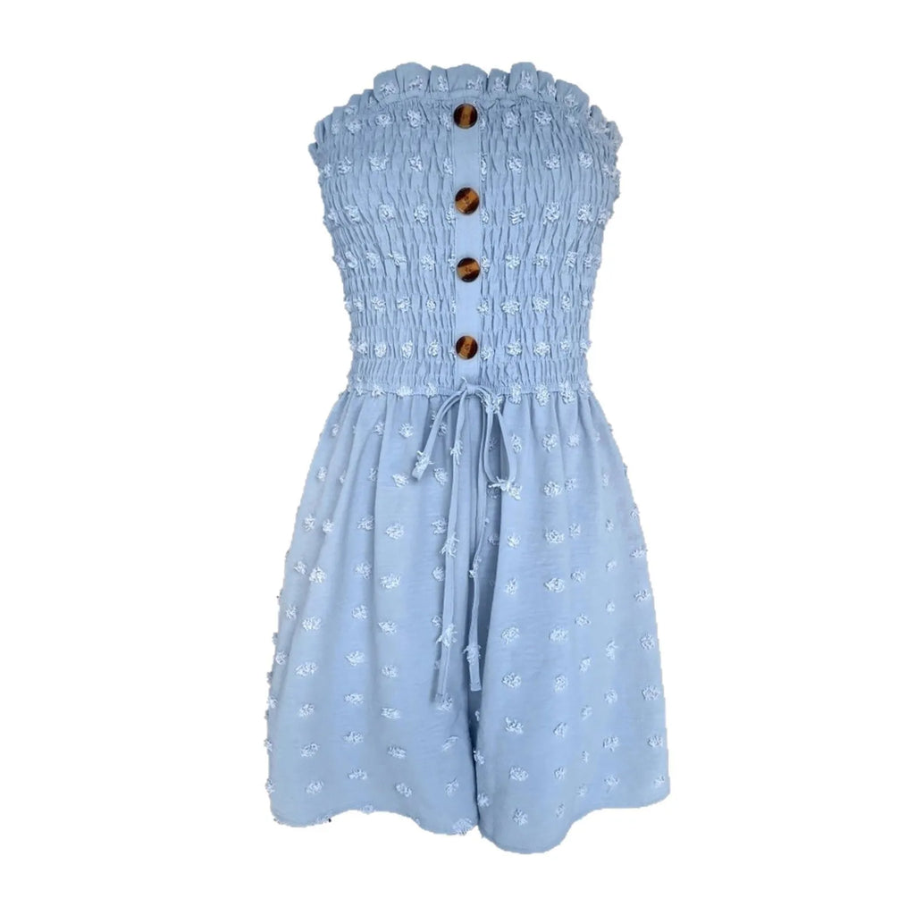 Women's off-shoulder sleeveless jumpsuit in blue solid colour with button detail