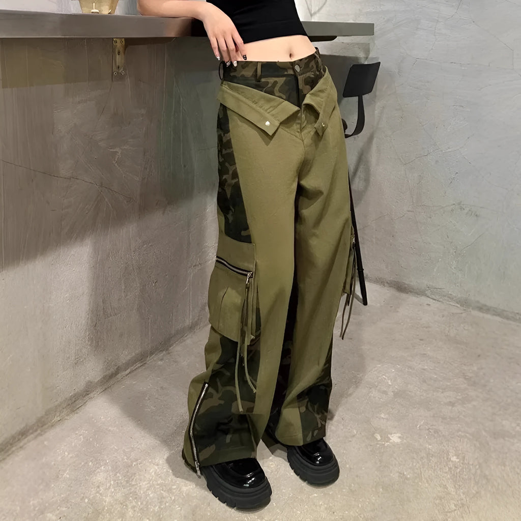 Dark khaki high-waist jeans with a leopard print pattern and tooling-style stitching details on the legs.