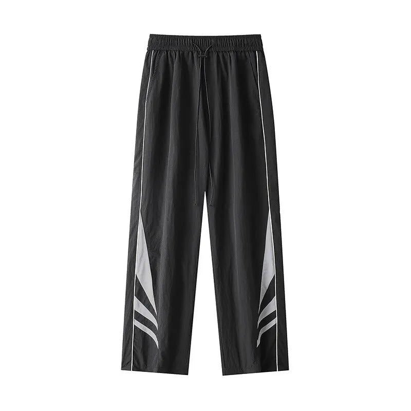 Men's straight leg casual trousers in black with elastic waistband and straight leg opening