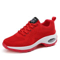 Red and black women's low top lace-up mesh sneakers with a round toe and flat PU sole.