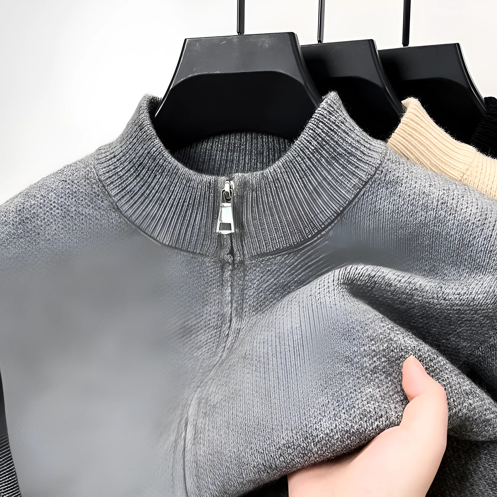 Men's stand collar knitted zipper cardigan in black, grey, or beige with loose fit