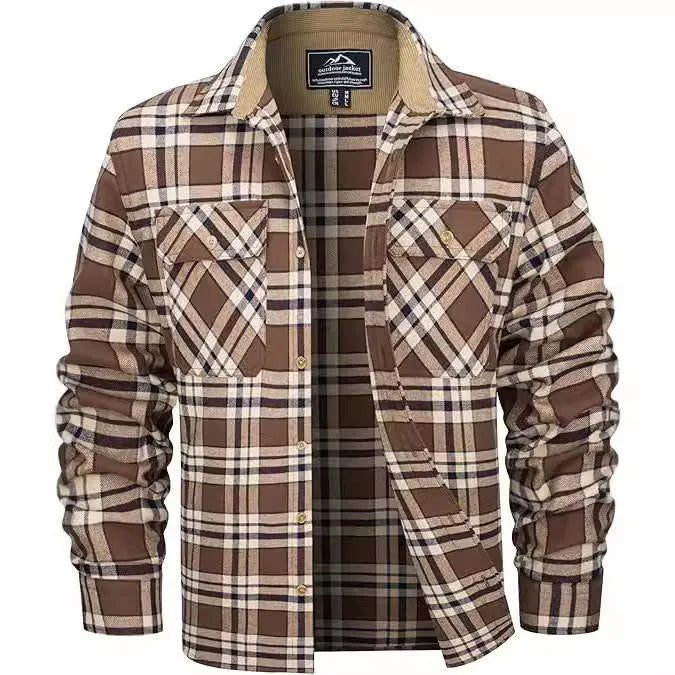 Men's flannel button shirt showing plaid pattern in multiple colour options with button-front design