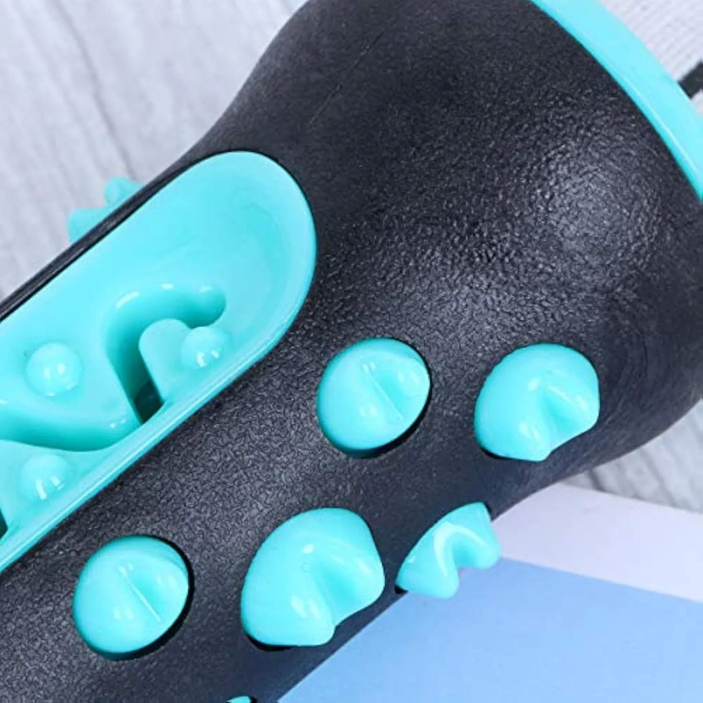 Natural rubber dog toothbrush chew toy in four colours: black/blue, blue, green, and yellow