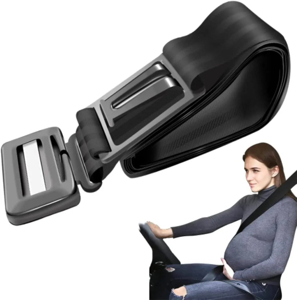 Pregnancy seat belt support in black, beige, and red colour options with wrap-around design