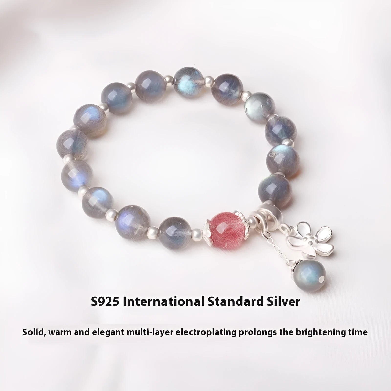 Grey moonlight silver women's bracelet with 7.5mm crystal and honeysuckle and animal charms.