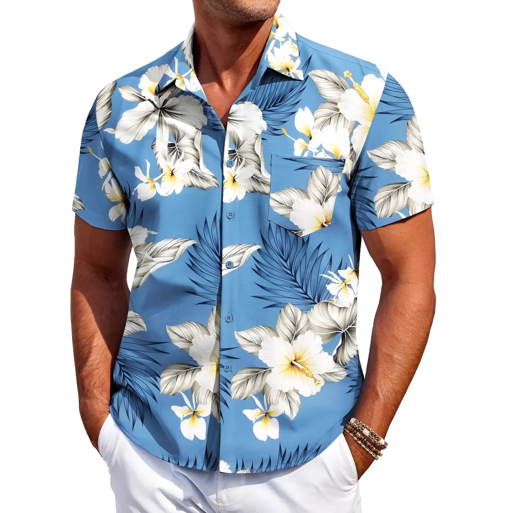 Man wearing a slim fit Hawaiian pattern short sleeve shirt in elastic polyester fabric.