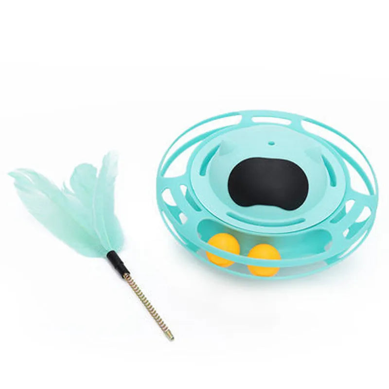 Pink cat tumbler turntable toy with automatic motion mechanism for indoor feline play