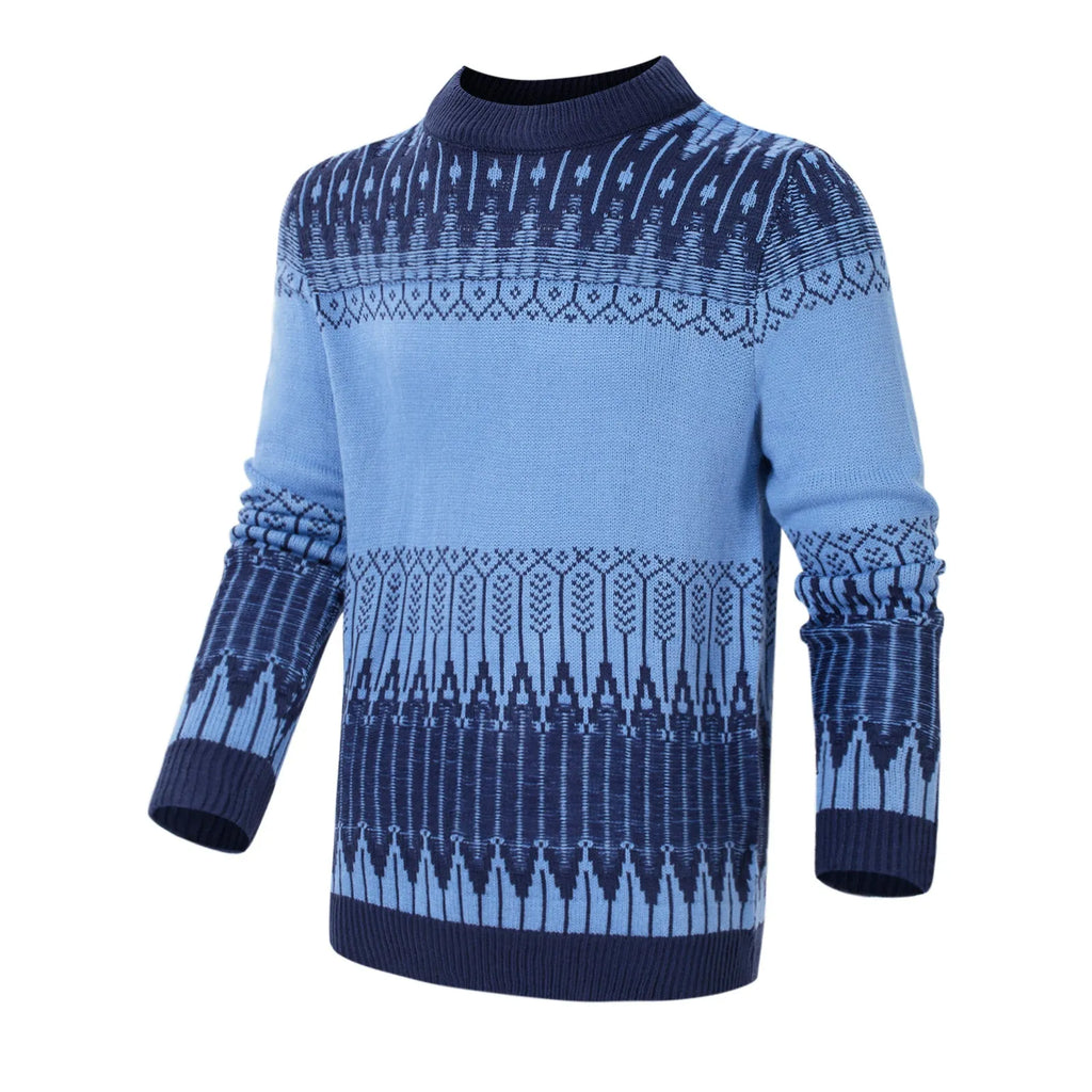 Men's knitted long-sleeve pullover sweater shown in multiple sizes and style variations.