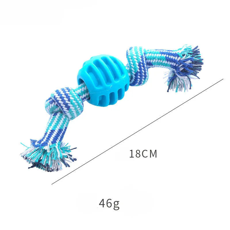 Blue molar-shaped dog chew toy with rope attachments for dental care and chewing