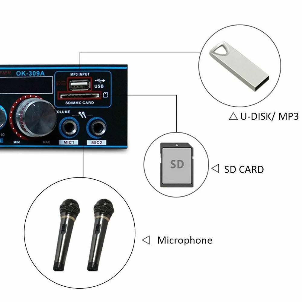 Black BT-309A-A Bluetooth power amplifier with recording function and dual voltage operation