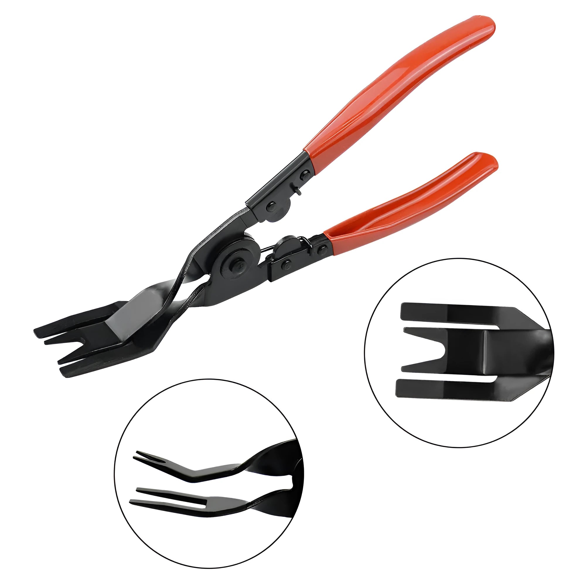 Red steel automotive clip driver horn tool for General Motors door panel removal