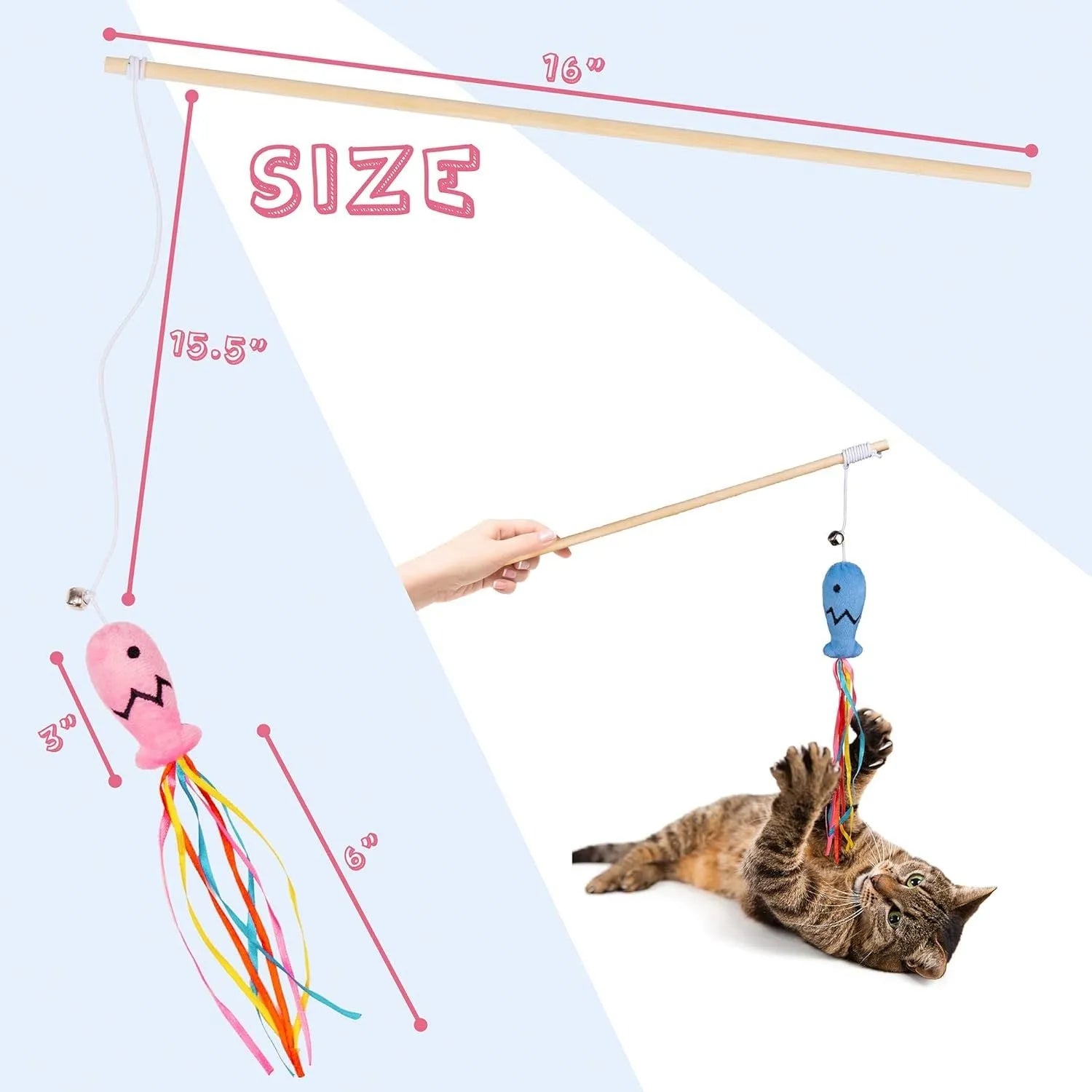 Cat wand toy with wooden handle, colourful ribbons, catnip fish and bell for indoor cat play