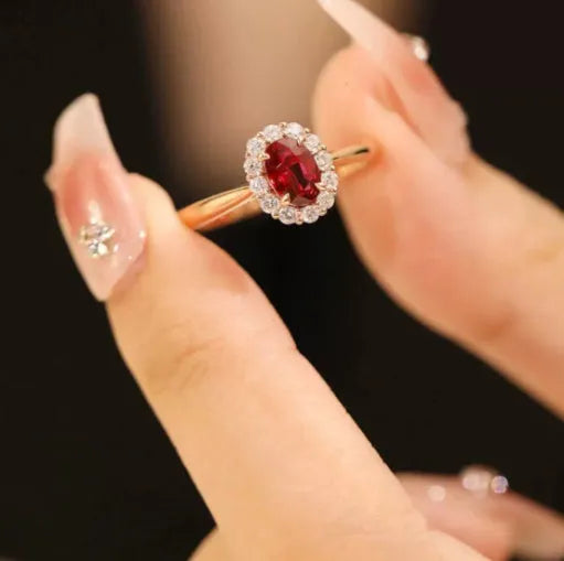 Gold pigeon red blood gemstone sterling silver inlaid ring with floral pattern design for women