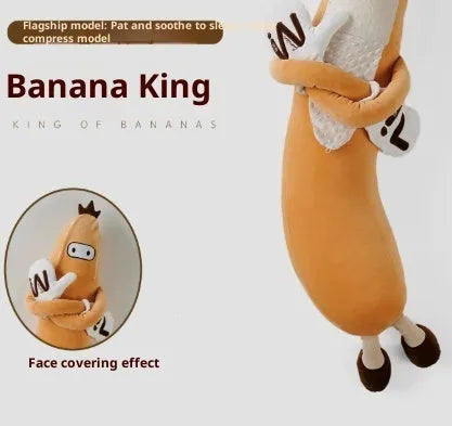 Banana King sleeping soft pillow toy in yellow plush with curved shape on a neutral background