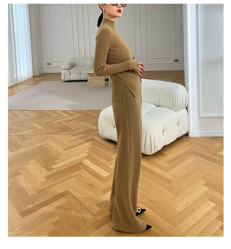 Women's apricot knitted three-piece set with cardigan, sweater and wide-leg trousers featuring leather stitching.