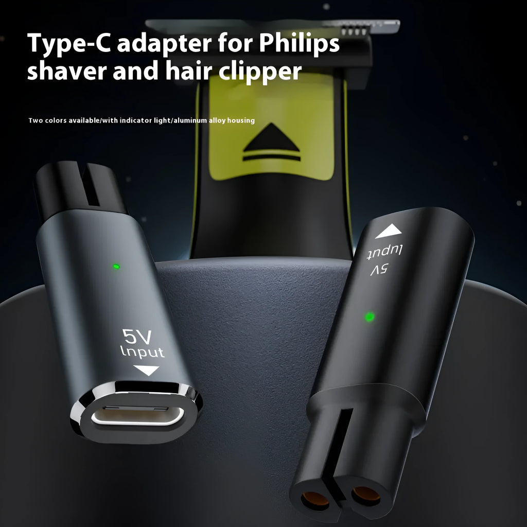 USB-C electric shaver charging adapter with aluminium alloy housing in black or grey colour
