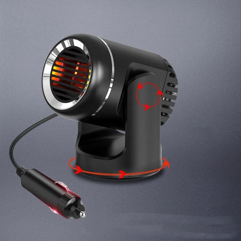 Black and white 12V portable car heater with three temperature settings for defrosting vehicle windscreens