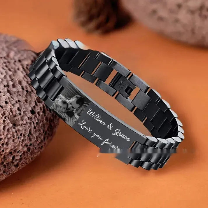 Titanium steel men's bracelet with heart-shaped curved pieces featuring electroplated lettering in black or grey