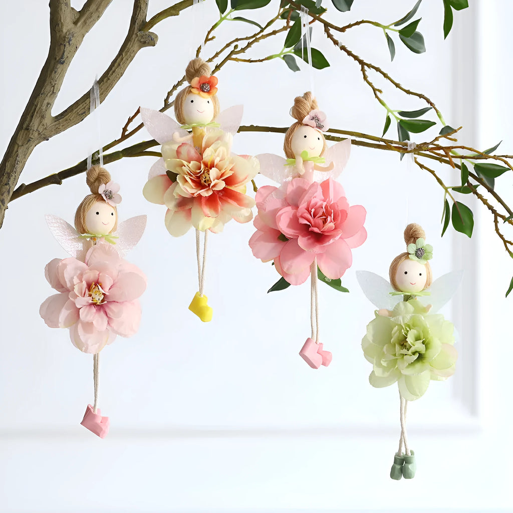 Cloth pendant ornament featuring a floral angel girl design in dark pink, pink, green, or yellow.