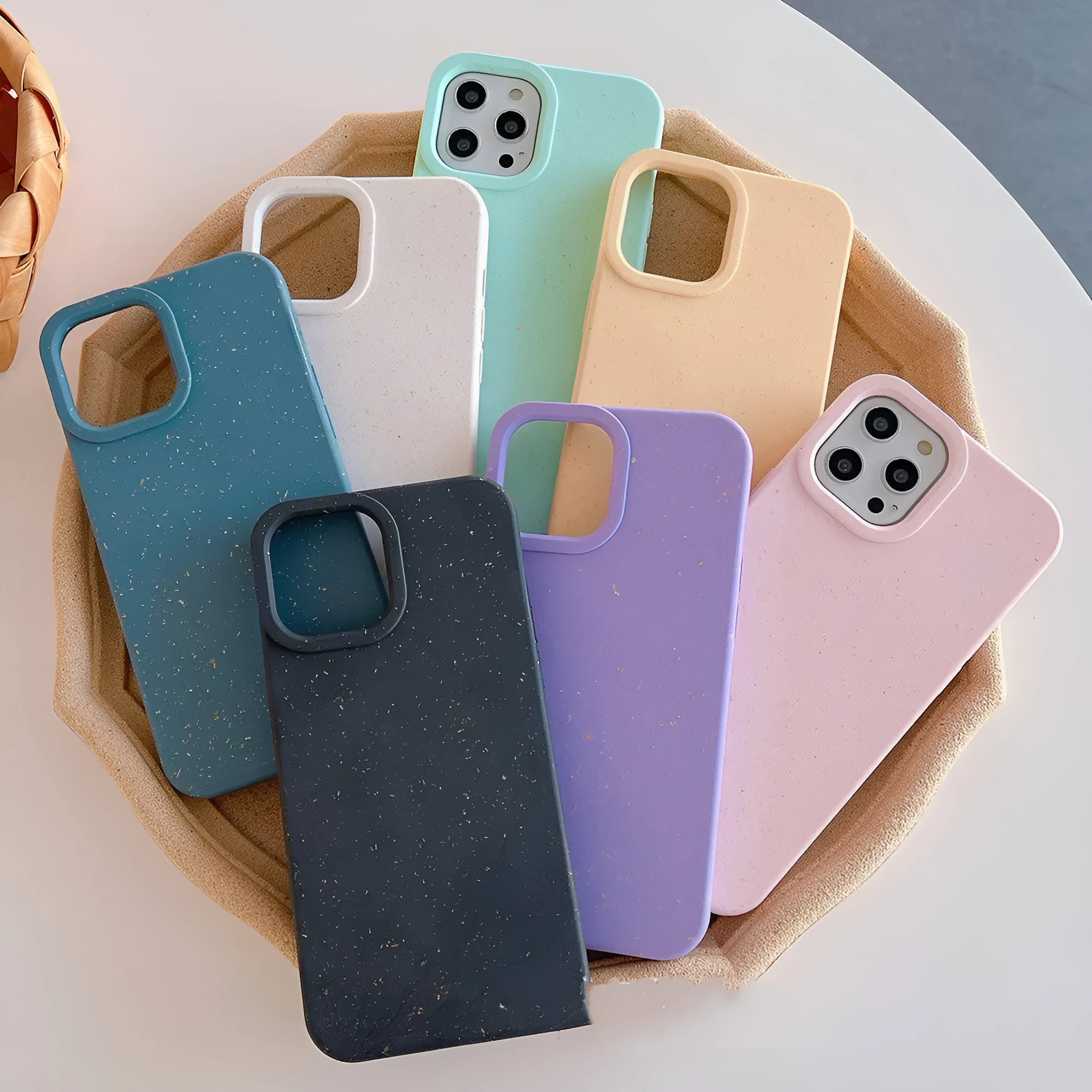 Fully degradable wheat straw fibre iPhone case in various colours for iPhone 14 Pro Max.
