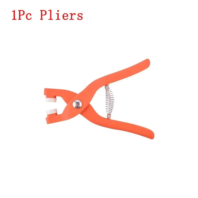 Five claw stainless steel no sew suit buttons for children's clothing, shown with plier tool.