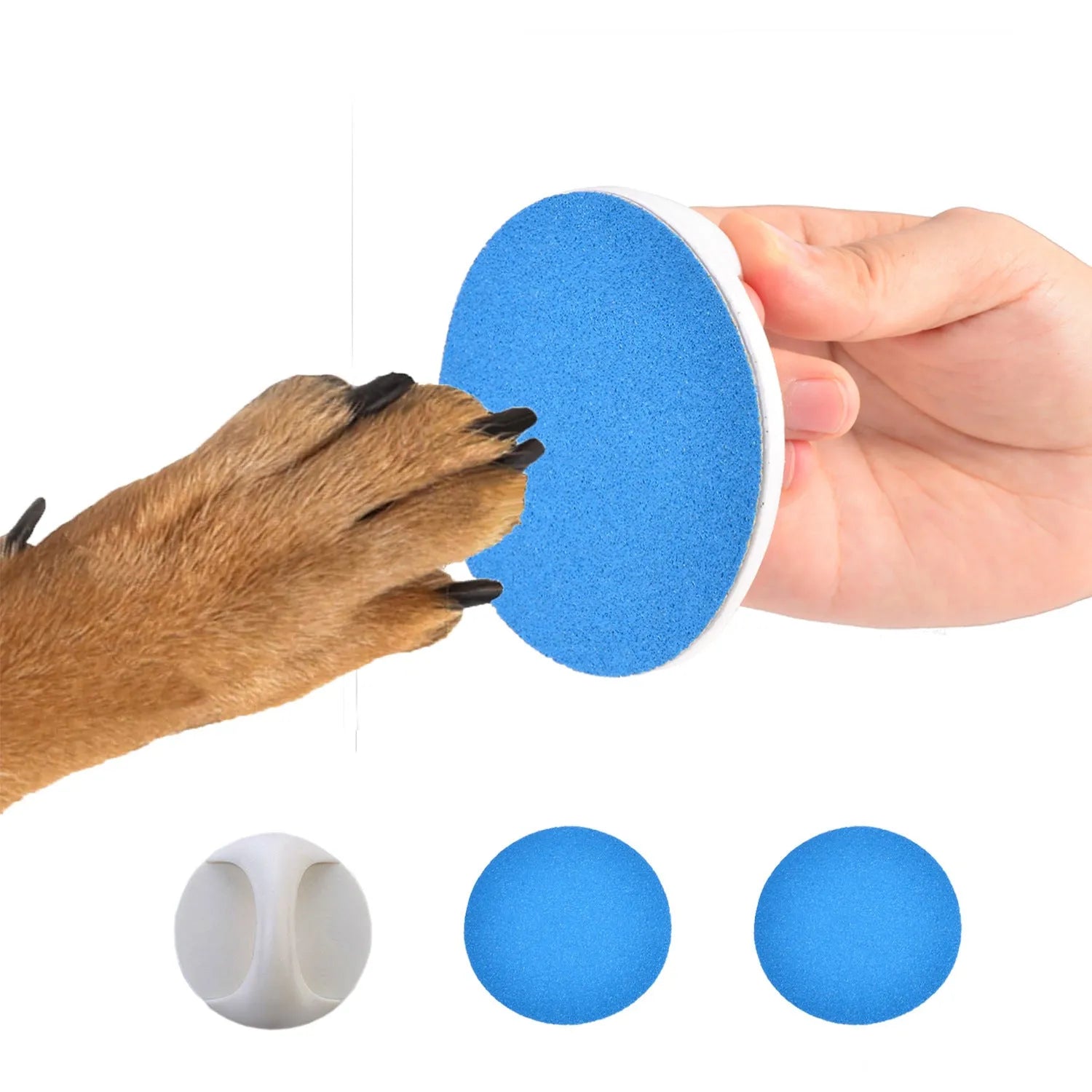 Round blue dog nail scratch board with ergonomic handle and replaceable sandpaper surface