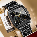 Men's square business watch with stainless steel strap and mineral glass on wrist