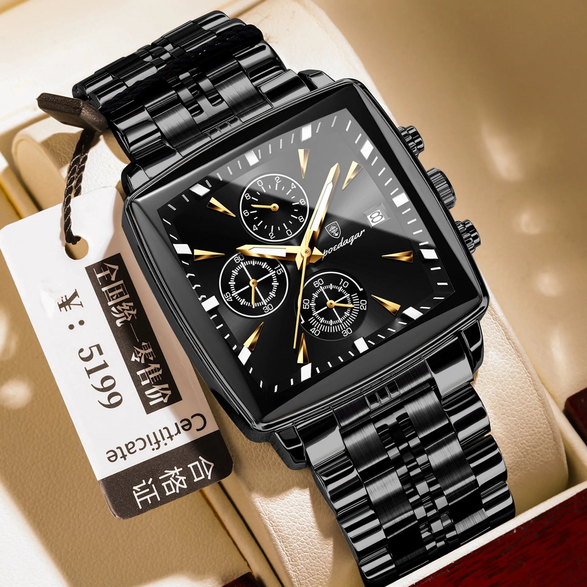 Men's square business watch with stainless steel strap and mineral glass on wrist