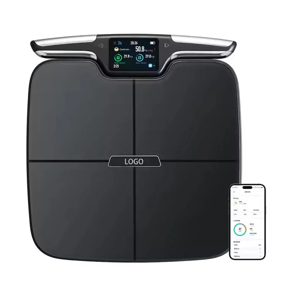 Black eight-electrode body fat and weight scale on a bathroom floor