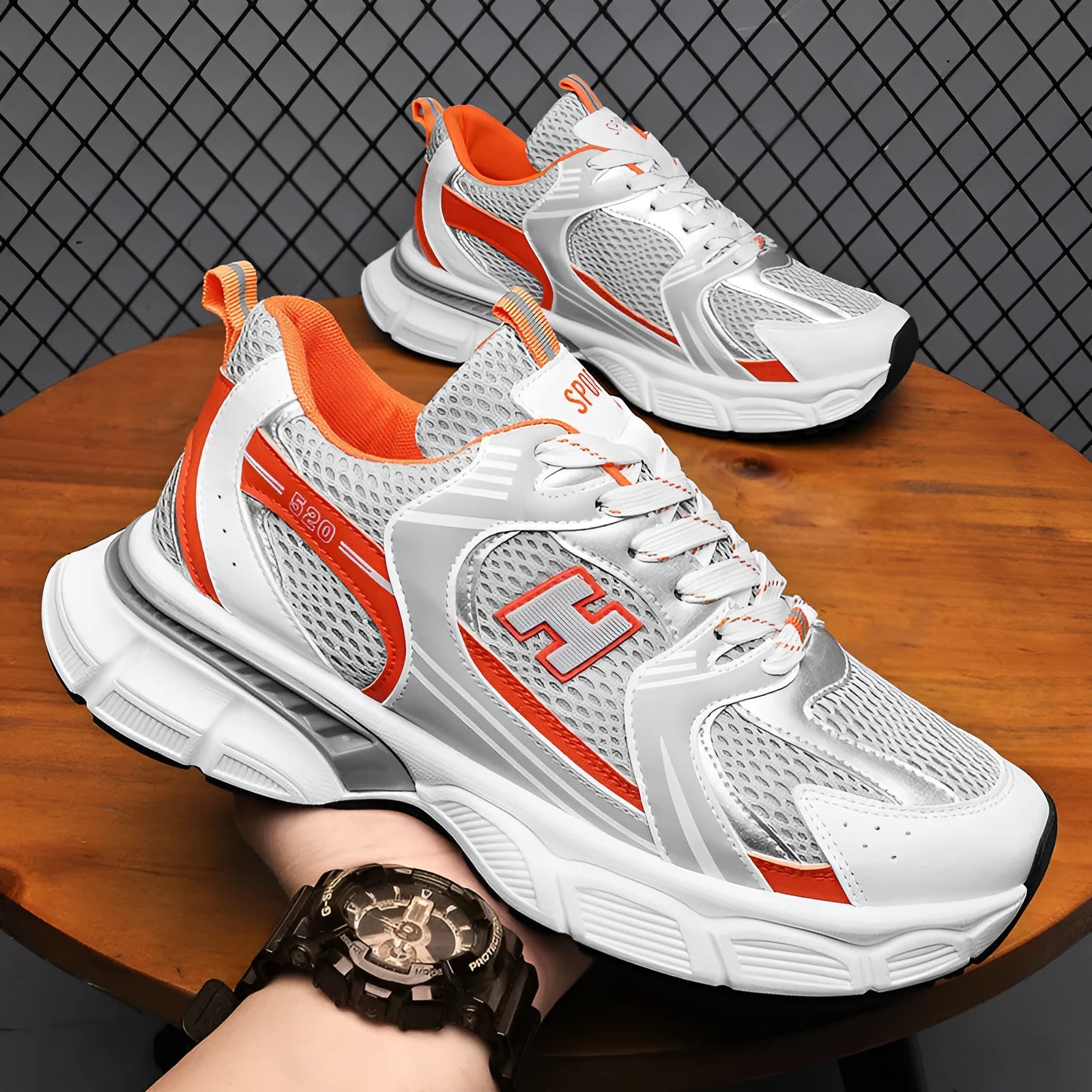 Men's white orange mesh casual running shoes with round toe and plastic sole