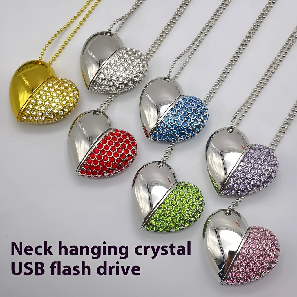 Brick-inlaid heart-shaped metal USB flash drive showing colour options and compact dimensions