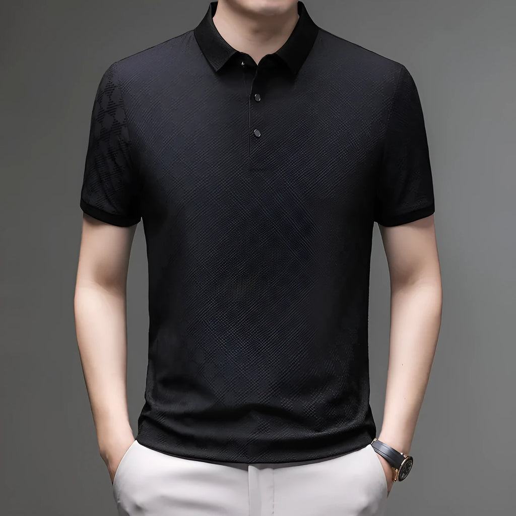 Rhombus patterned thin ice silk short sleeve T-shirt for men in black, shown flat.
