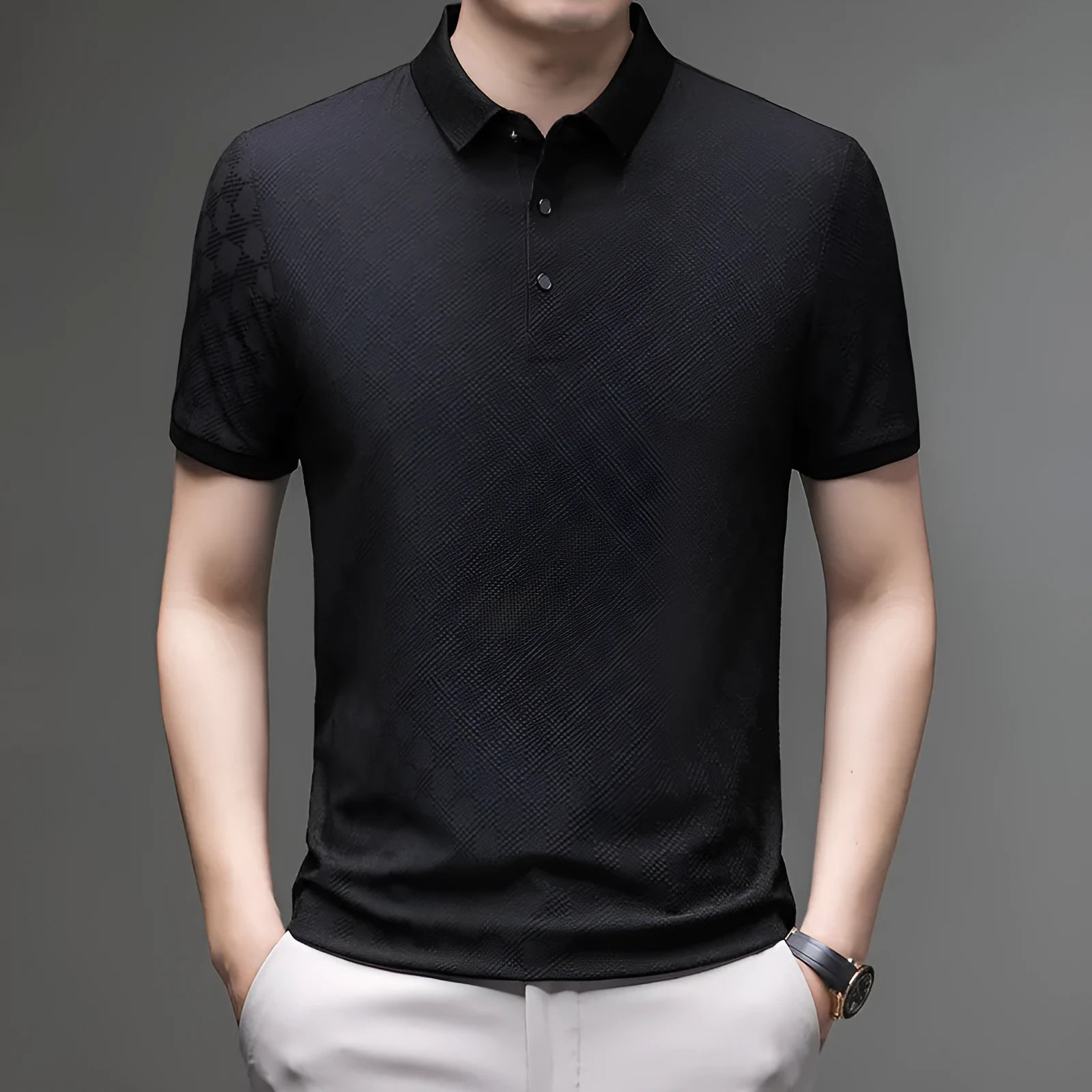 Rhombus patterned thin ice silk short sleeve T-shirt for men in black, shown flat.