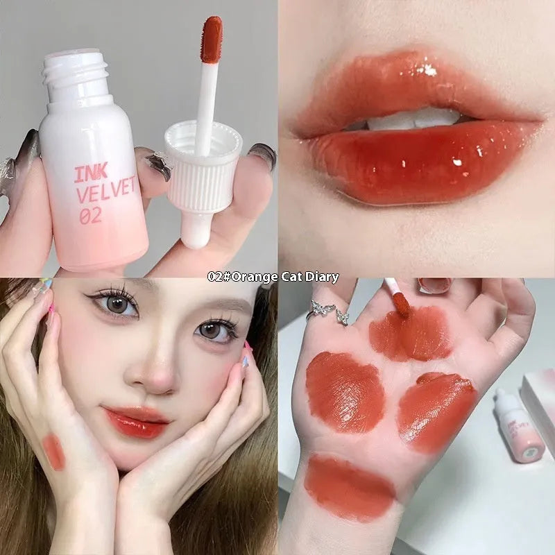 Mirror Lip Lacquer tube in 3.5g size showing four colour options: Spring Day Wilderness, Orange Tabby Cat Diary, Low-key Charming, and Misty Berry