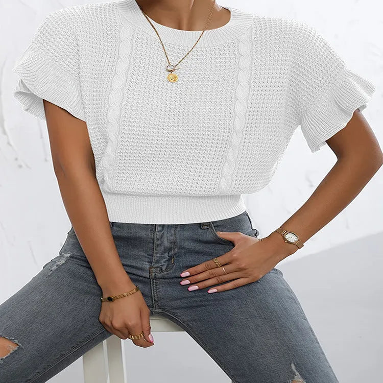 Loose fit knitted pullover sweater with ruffled short sleeves in Japanese Korean casual style