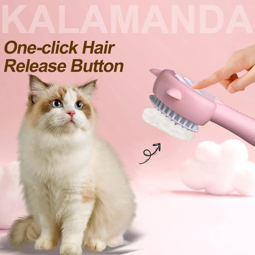 Cat steam brush with blue handle, rubber bristles, and release button for pet grooming