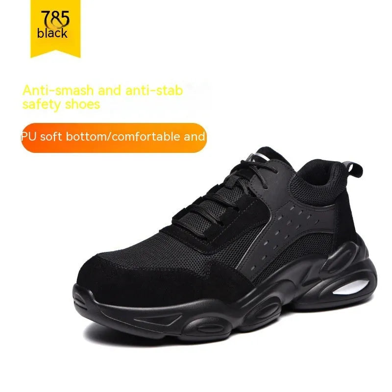 Mesh breathable black labour insurance safety shoes with anti-smash anti-puncture features on grey background