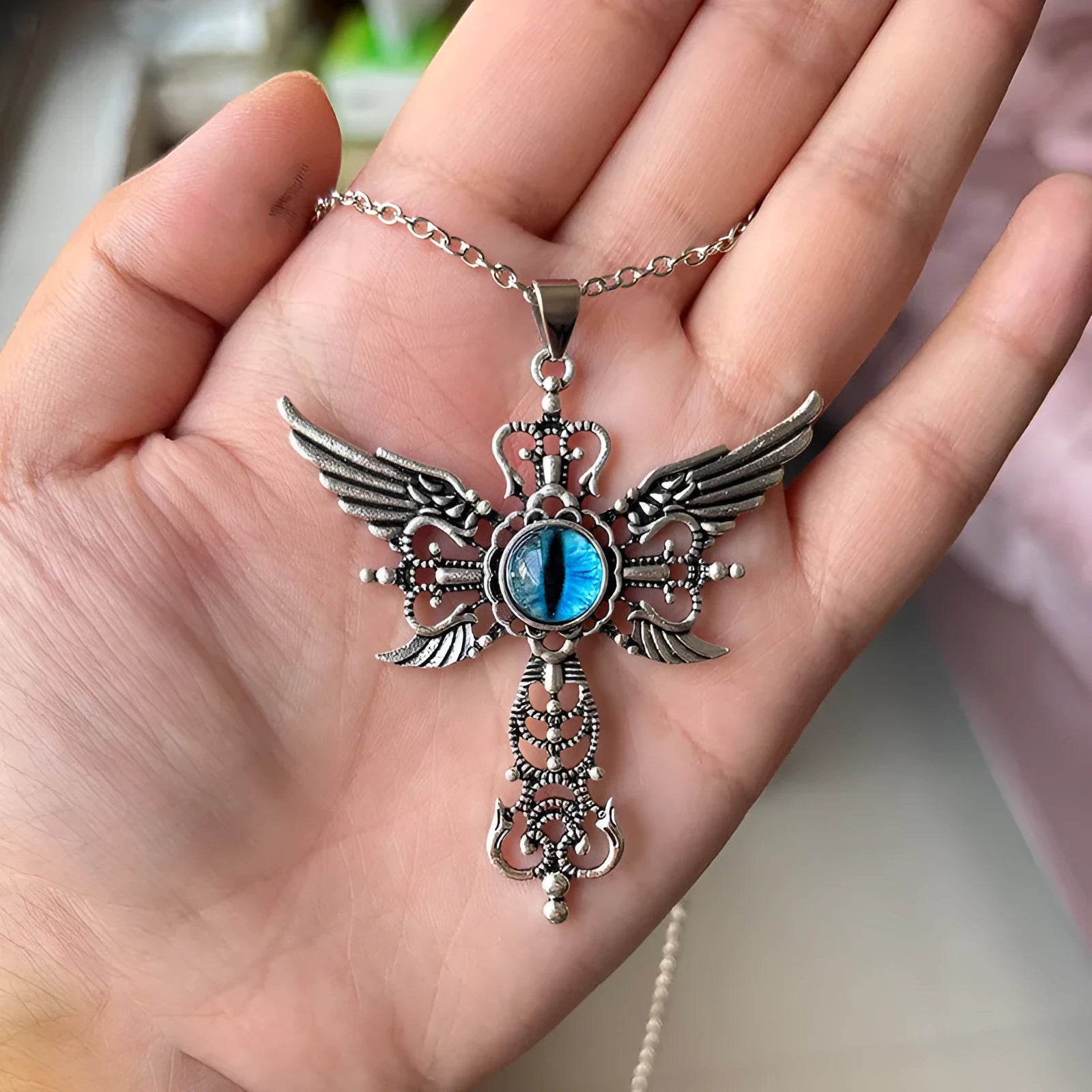 Alloy devil wings cross necklace pendant with geometric design in multiple colour options